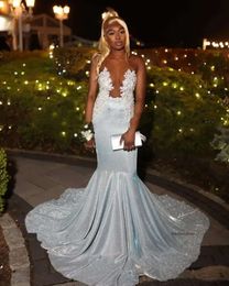 Sliver Mermaid Prom Dresses For Woman 2024 Sheer Neck Lace Applique African Sequin Party Dress Sleeveless Robe Gala Luxe 0431