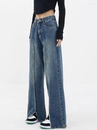 Women's Jeans High Waist Slit Of Design Ladies Loose 2000s Aesthetic Fashion Pants Basic Blue Quality Cotton Wide Leg Trousers For Women
