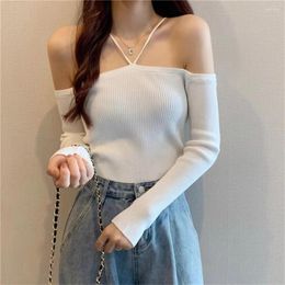 Women's T Shirts Autumn Long Sleeve Skinny Knitted Off Shoulder T-shirt Women Sexy Slim Tees Female Korean Fashion Hanging Neck Knitwear