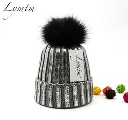 Winter Metallic Knitted 13CM Pompom Beanie Hat Women Fashion Faux Fur Pom pom Bronze Warm Knit Hats Girls Beanies Caps 2201073376220