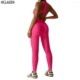 Active Sets NCLAGEN Women Yoga GYM Jumpsuit One-piece Racer Back Hollow-out Sleeveless Running Fitness Sportswear Workout Leggings Suit Set