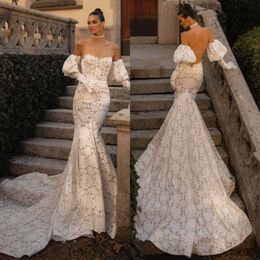 Sweetheart Sleeves Dresses Berta Lace Mermaid Puffy Wedding Dress Sweep Train Illusion Back Wedding Bridal Gowns