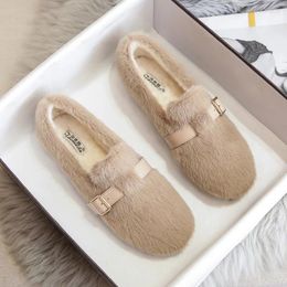 Casual Shoes Loafers Fur Winter Women Slip-on Autumn Female Sneakers Round Toe Slip On Moccasin Fall Solid Rubber Lace-Up Sh