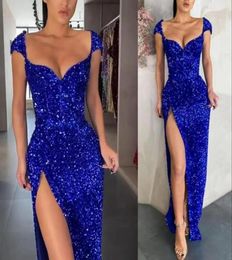 2022 Mermaid Prom Dresses Sexy Royal Blue Arabic Aso Ebi Sequined Lace Sequins Beaded Evening Cap Sleeves Formal Party Gowns Side 8062255