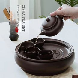 Travel Tea Set Handmade China Purple Sand Cup Pot Ceramics Round Tray Kung Fu Utensils 8 Piece Teaware 240428