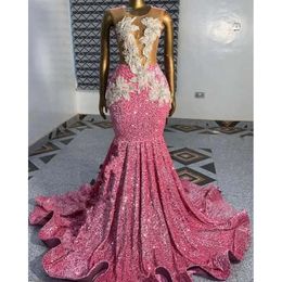 Pink Long Veet Evening Formal Dress For Women Sparkly Diamond Beaded Sheer Mesh Black Girl Prom Gala Gown 0431