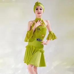 Stage Wear Green Lace Latin Dance Competition Dresses Girls Performance ChaCha Dancing Clothes Bodysuit Skirt Practise Outfit DL11736