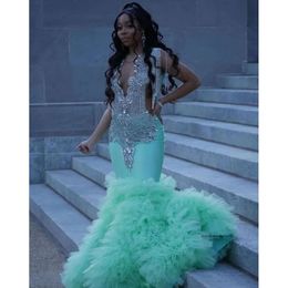 Green Long Mint African Evening Formal Dress For Women Ruffles Sier Diamond Crystal Black Girl Prom Gala Birthday Gown 0431