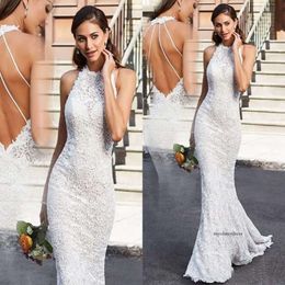 Sexy Backless Full Lace Cheap Beach Mermaid Dreses Halter Jewel Neck Floor Length Wedding Dress Bridal Gowns Vestido De Novia 0430