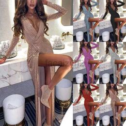 Basic Casual Dresses Designer Dress autumn and winter new women's wear solid Colour V-neck shiny sexy nightclub skirt slim long sleeve dress long skirt