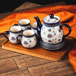 7.2oz Tea Cup and Sauce Set of 4 Polish Pottery Style Porcelain Ceramic 10 Piece 28.2oz Teapot 1wooden Tray Cups Bar 240428