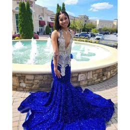 Blue Sequin Royal Glitter Mermaid Prom Dresses Sexy Halter Neck For Black Girls Tail Birthday Party Gowns African Robe De Bal