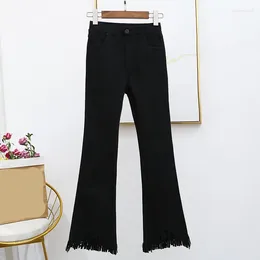 Women's Jeans Black High Waist Tassels Flare Female Spring Autumn Korean Fashion Retro Slim Ankle-Length Denim Pants Straight