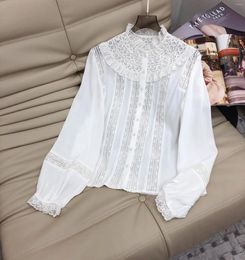 Women's Blouses 2024 Women Fashion Long Sleeve Sexy Casual Stand-up Collar Hollow Stitching Lace Shirt 0328