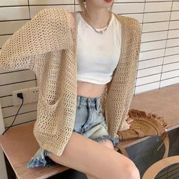 Women's Blouses Women Knitted Cardigan Coat Long Sleeves Hollow Out Loose Solid Colour Thin Sunscreen Slounchy Lady Spring Fall Jacket