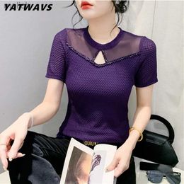 Women's T-Shirt S-4XL Summer Womens Short sleeved T-shirt Fashion Sexy Hollow Beaded Top Girl Fashion O-neck Patch Work Net T-shirtWX