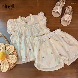 Clothing Sets Embroidery Lace Edge Cute Suit Korean Version Girl Sweet Petal Sleeve Top Casual Loose Shorts Children Pure Cotton Two-piece