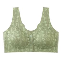 Bras New Middle-aged and Elderly Sexy Lace Without Stl Ring Front Buckle Thin Seamless Vest Style Gathered Anti Sroop Bra Y240426