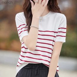 Women's T-Shirt Womens 100% Merino wool top round neck O-neck striped sweater short sleeved T-shirt 2024 newWX