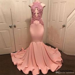 Sexy Peach-Pink Mermaid Prom Dresses Halter Neck Robe De Soiree Abiye Lace Appliques Long Evening Party Wear Formal Dress 0430