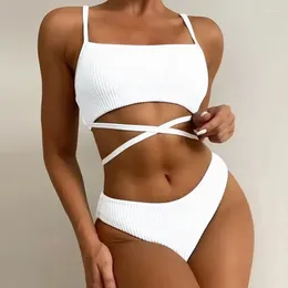 Women's Swimwear 2024 Two Piece Swimsuit Women High Waist Sexy Wave Lace Up Micro Bikini Set Solid Beachwear Bathing Suit