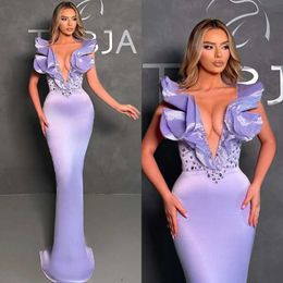 Kväll Ruffle Lavender Neck Elegant Mermaid v Beads Formal Party Prom Dress Long Dresses For Special Ocn Es