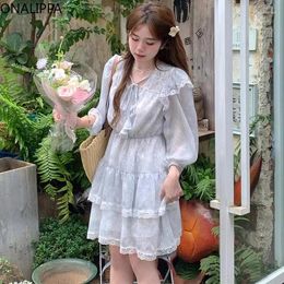 Casual Dresses Onalippa Sweet Multi Lace Ruffles Mini Dress Beach Style Up Long-sleeve French High Waist A Line Vestidos