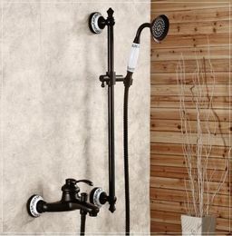 Black Antique Brass Wall Mount Shower Faucet Set Bath And With Slide Bar Cold Water TapH9589 Bathroom Sets3999104