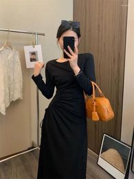 Casual Dresses 2024 Women's Side Twist Drawstring Design Dress Round Neck Long Sleeve Ladies Temperament Slim Black Midi Robe