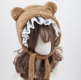 Berets Lovely Lace Trim Lolita Daily Little Bear Ear Plush Warm Hat Harajuku Thicken Earmuffs Winter Fashion Bonnet Cap3113639