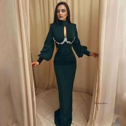 Designer Green Mulsim Mermaid Evening Dresses High Collar Long Sleeve Formal Gown Beads Crystals Ruched Satin Prom Dress Custom Made 0430