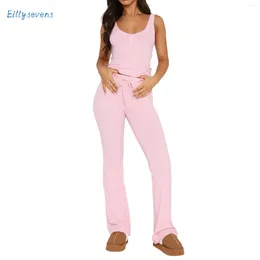 Women's Two Piece Pants Women Set Summer Solid Slim Fit Two-Piece Causal Camisole Tops Drawstring Elastic Waist Daily Streetwear