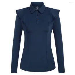 Women's T Shirts JS Women Tee Female Elegant Ruffle Decorated Sports Shirt Long Sleeve Lapel Button-Up Neck Tops Breathable Blusa Feminina