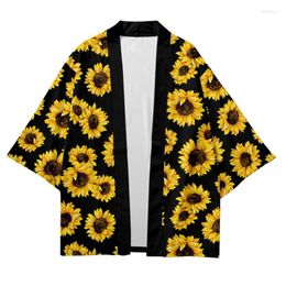 Ethnic Clothing Male Hawaii Sunflower Print Kimono Cardigan Japanese Men Shirt Blouse Yukata Haori Obi Traditional Samurai