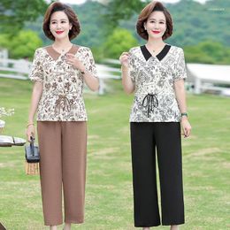 Women's Two Piece Pants Summer Short Sleeve T-shir Tops Middle-aged Mother Women Clothes Temperament Pieces Of Suits Female Age 2 Set