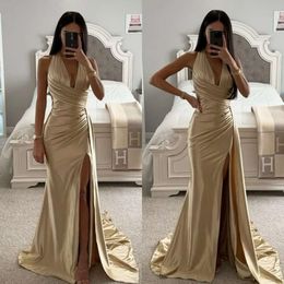 Halter Prom V Neck Gold Light Mermaid Satin Evening Dress Elegant Pleats Split Formal Long Special Ocn Party Dress Promdress Robe De Soiree dress