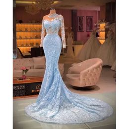 Elegant Light Blue Mermaid Evening Dresses Long Sleeves High Neck Lace Prom Gowns Sequin Beading Women Party Wear 0431