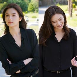 Women's Blouses Kpop Korean Celebrity Office Ladies Elegant Chiffon Women Fashion Button Up Shirt Summer Vintage Black Long Sleeve Tops