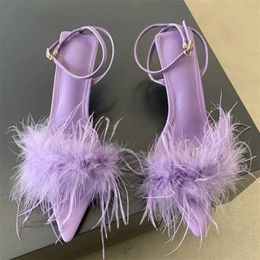 Dress Shoes Heeled Sandals Design Fluffy Women Thin Low Heels Fashion Pointed Toe Ankle Buckle Strap Slides Sandalias De Mujer H240430