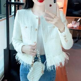 Women's Jackets CJFHJE Elegant Autumn Winter Short Korean Style Retro White Tassel Tweed Coats Lady Solid Color Pockets Round Neck Women