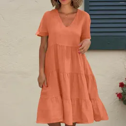 Casual Dresses 2024 Summer Women'S V Neck Solid Colour Short Skirt Dress For Woman Elegant Loose Sundress