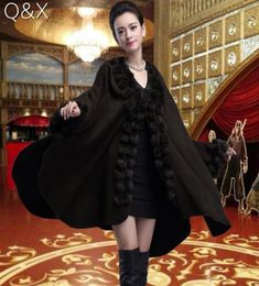 SC54 Womens Black Capes Poncho 2017 Winter Fur Ball Shawl Oversized Knitted Sweater Italian Long Cashmere Cardigan Coat4889232