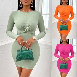 Casual Dresses 2024 Autumn/Winter Women's Sexy Solid Round Neck Twisted Long Sleeve Dress