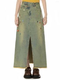 Women's Jeans Retro Colourful Sequins Denim Halfbody Skirt Female Spring And Summer Highwaisted Thin Burlap Open Fork Medium-length