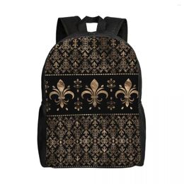 Backpack Luxury Black Gold Fleur De Lys Backpacks For Women Men Waterproof College School Lily Floral Fleur-de-Lis Bag Printing Bookbag