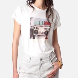 2024 Summer New French Zadig&Voltaire Fashion Radio Audio Digital Print Cotton Curled Sleeves Women's Short sleeved T-shirt Casual Round Neck Off White Top