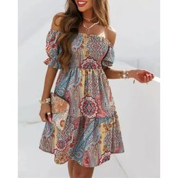 Womens summer short sleeved loose Bohemian print off shoulder pleated mini dress party fashion 240423