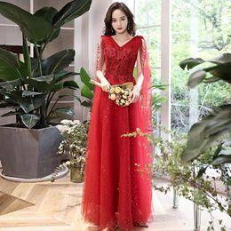 Casual Dresses Elegant Evening Gown Women's Clothing Solid Color Long Dress Beaded Sequin Applique V-neck Temperament A-line Skirt M386