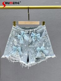 Women's Jeans Light Blue Bowknot Beaded Ripped Short For Women 2024 Summer Elegant High Waist Show A- Line Wide-Leg Denim Pants