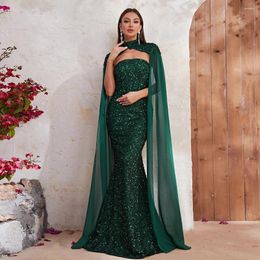 Party Dresses Long Green Mermaid Dress Evening With Cloak Strapless Backless Bling Sequin Women Formal Gowns For Wedding Custom Made